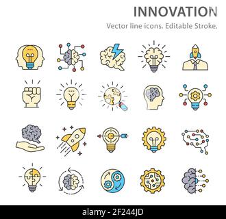 Innovation flacher Symbolsatz. Vektorgrafik. Bearbeitbare Kontur. Stock Vektor