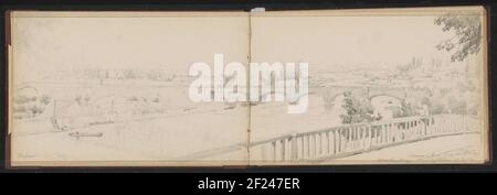 Gezicht op de spoorbrug over de Donau bij Ulm.Blick auf die Eisenbahnbrücke über die Donau bei Ulm. Blatt 2 rückseitig und Blatt 3 recto aus einem Skizzenbuch mit 39 Blättern, teilweise nach ulm gefertigt und Blei. Stockfoto