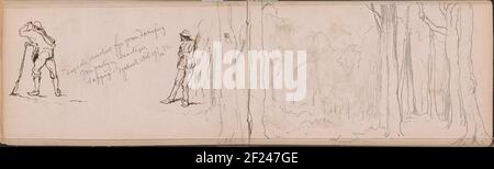 Laan im Wald, Hunde und drei Frauen in Den Haag.Blatt 5 Verso und 6 Recto aus einem Skizzenbuch mit 46 Blättern. Stockfoto