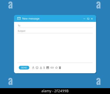 E-Mail-Schnittstelle. Mail-Fenster-Vorlage, Internet-Nachricht isoliert Rahmen, leere E-Mail UI-Design in blau. Vektor EPS 10 Stock Vektor