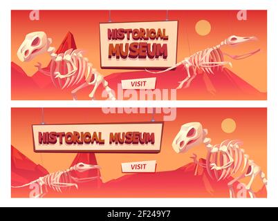 Historisches Museum Cartoon Web-Banner mit Dinosaurier-Skelette und Besuch Taste. Pädagogische Vorgeschichte Online-Portal, Paläontologie Studium, virtuelle Ausstellung oder Ticket-Buchung Service-Vektor-Vorlage Stock Vektor