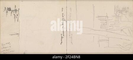 Gezicht op de Lauriergracht te Amsterdam bij schemer.vom Fenster des Gastzimmers aus gesehen Lauriergracht 8, das Haus von Breitner. Seite 43 und Seite 44 aus einem Skizzenbuch mit 32 Blättern. Stockfoto