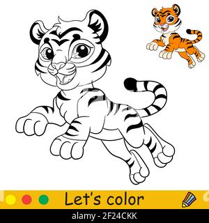 Niedlicher springender Tiger. Cartoon Figur Tiger. Malbuch Seite mit bunten Vorlage. Vektorkontur isolierte Illustration. Für Malbuch, prec Stock Vektor