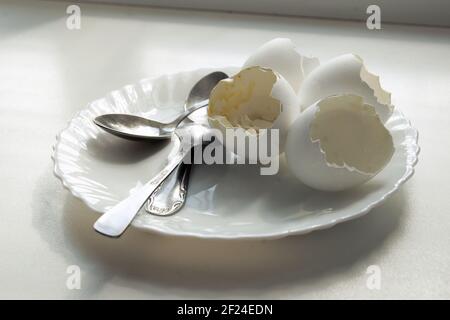 Ende des Morgenmahls der weich gekochten Eier in der eleganten Platte mit Teelöffeln, unter der Sonne vom Fenster Stockfoto