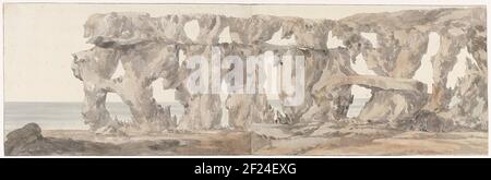 Blick auf einen Felsen auf dem Weg bei der Besichtigung der Insel Ghozo; Vue d'Une Rocher Percé à jour dance le voisinage de l'Île de Ghozo; Voyage and Italy, und Sicile et à Malte - 1778.Zeichnung aus dem Album "Travel in Italy, Sicily and Malta", 1778. Stockfoto