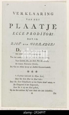 Textblatt mit einer Karikatur-Erklärung auf dem Orang-Rijklof Michael van Goens, verurteilt als Landpassager auf dem Rad, 1784. Zweifach gefaltetes Blatt mit einem funkelnden Vers in neun Couplets auf vier Seiten. Stockfoto