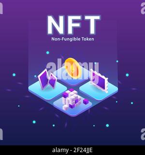 Konzept von NFT, nicht-fungible Token mit Netzwerk-Vektor auf dunkel Hintergrund Stock Vektor