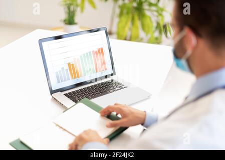 Rückansicht eines nicht erkennbaren männlichen Arztes, der am Schreibtisch am Laptop arbeitet. Stockfoto
