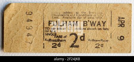 Old London Transport U-Bahn- oder U-Bahn-Ticket vom Fulham Broadway Station Stockfoto