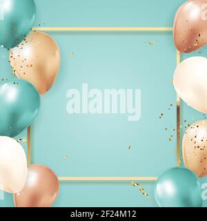 Party Glossy Holiday Hintergrund mit Luftballons, goldenem Rahmen und Konfetti. Vektorgrafik Stock Vektor
