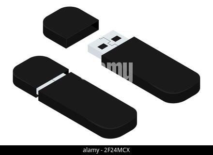 Schwarze isometrische USB-Flash-Laufwerke, offen und geschlossen. Vektorgrafik isoliert auf Weiß. Stock Vektor