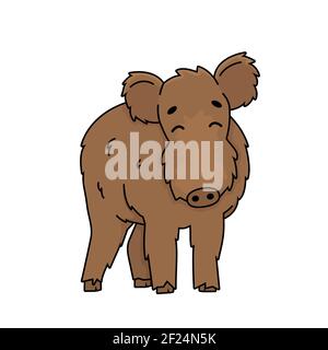 Braun niedlich flauschig Vektor skizzieren Cartoon Wildschwein Männchen Wildschwein. Doodle isolierte Illustration auf weißem Hintergrund. Vorderansicht, Augen geschlossen, Tier ist Stock Vektor