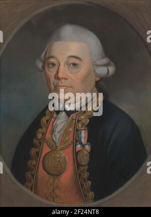 Johan Arnold Zoutman (1724-93). Vize-admiraal.Porträt von Johan Arnold Zoutman (1724-93). Vize-Admiral. Büste nach links, betrachtet. Zum Hals eine Kette mit einem großen Medaillon. Teil der Pastellkollektion. Stockfoto