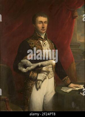 Pieter Merkus (1787-1844). Gouverneur-generaal (1841-44).Porträt von Pieter Merkus (1787-1844). Generalgouverneur (1841-44). Kniestück, stehend mit der linken Hand, die auf einem Tisch ruht, auf dem Buchstaben und ein Quadrat liegen. Handschuhe in der rechten Hand, die Masche unter dem rechten Arm geklemmt. Teil einer Reihe von Porträts der Generalgouverneure der ehemaligen Niederländischen Ostindien. Stockfoto