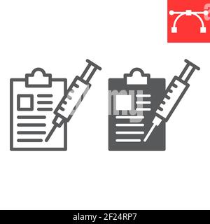 Impfprogramm Linie und Glyphe Symbol, Impfstoff und Injektion, Zwischenablage mit Spritze Vektor-Symbol, Vektorgrafiken, editierbare Kontur Umriss Zeichen Stock Vektor