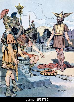 Vercingetorix (c82BC-46BC) unterwirft sich Julius Caesar & den Römern nach der entscheidenden Schlacht von Alesia, einem Sieg für die Römer, im Jahr 52BC, das war das Ende der Gallischen Kriege (58BC-52BC). Vintage Illustration c1940 Stockfoto