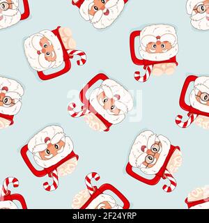 Nahtlose Wiederholung Vektor Urlaub Weihnachten Cartoon-Muster der Kontur Doodle Tassen mit Weihnachtsmann Gesichter in Gläsern und Marshmallows, rot weiß Lollipop Stock Vektor