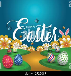 Frohe Ostern Grüße. Ostergarten mit bunten Eiern und Blumen. vektor-Illustration Design Stock Vektor