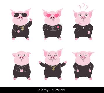 Cartoon Schwein Charakter Aufkleber mit verschiedenen Emotionen isoliert auf weißem Hintergrund. Vektorgrafik Stock Vektor