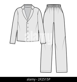 Set von Sleepwear Pyjamas Hemd, Hose technische Mode Illustration mit voller Länge, normale Taille, Taschen, Knopfverschluss, lange Ärmel. Flatfront, graue Farbgebung. Frauen, Männer Unisex CAD mockup Stock Vektor