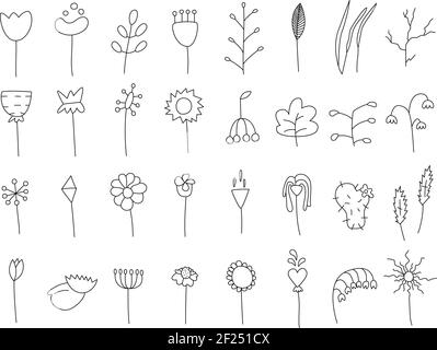 Set von 32 verschiedenen handgezeichneten floralen botanischen Elementen für Design Stock Vektor