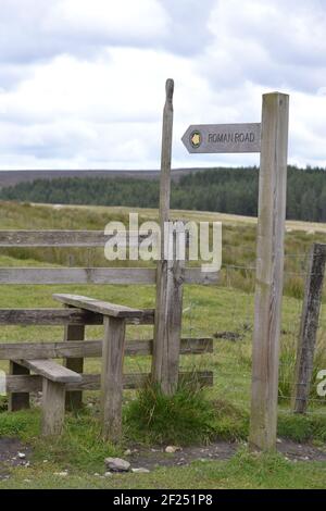 Zaun Stile North Yorkshire Moors - Roman Road Holzschild - Wanderpfad Über Moorland - Holzstile Mit Hoch Handle - Öffentliches Wegrecht - UK Stockfoto