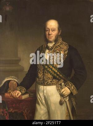 Ludolph Anne Jan Wilt Baron Sloet van de Beele (1806-90). Gouverneur-generaal (1861-66).Porträt von Ludolph Anne Jan Wilt Baron Sloet van de Beele (1806-90). Generalgouverneur (1861-66). Kniestück, stehend, leicht links. Die rechte Hand, die auf einem Buch ruht, das sich in einem Tisch befindet. Die linke Hand auf dem Griff seines degen. Teil einer Reihe von Porträts der Generalgouverneure der ehemaligen Niederländischen Ostindien. Stockfoto