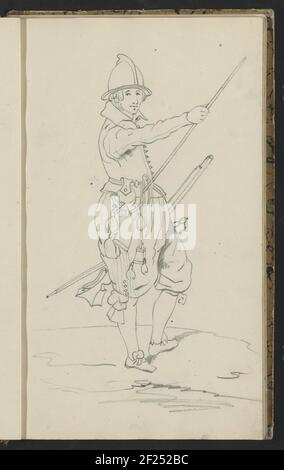 Soldat mit Spieß in der rechten Hand und Muskete in der linken Hand. KOPIE AN JACOB DE GHEYNS 'Armshandhe van Roers Musquetten and the Spies: Kingvhende der Ordre of SYN Excellence Maurits Prince von Orangie Grave aus Nassau & C' von 1607. Blatt 13 Recto aus einem Skizzenbuch und Album mit 59 Blättern. Stockfoto