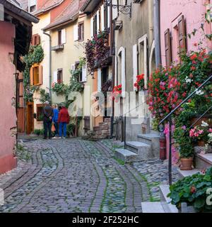 Touristen erkunden Eguisheim in Haut-Rhin Elsass Stockfoto