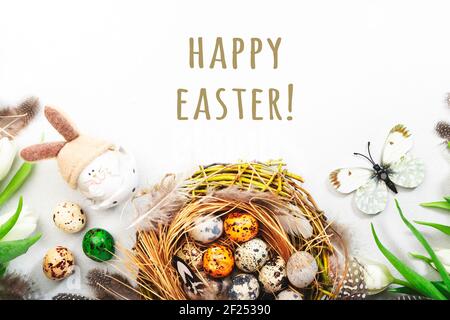 Frühling Ostern Urlaub weißen Hintergrund mit Tulpen, Wachteleier, Schmetterlinge, Hase und Federn in einem Nest. Banner mit Kopierbereich. Draufsicht Stockfoto