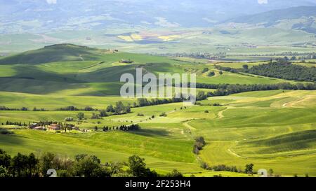 Landschaft des Val d ' Orcia in der Nähe von Pienza Stockfoto