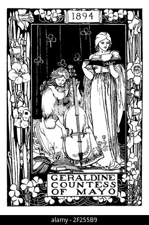 Ill1294 1894 Bücherregal mit Musik und Lesen im Garten, entworfen für Geraldine, Gräfin von Mayo vom britischen Illustrator Robert Anning Bell Stockfoto