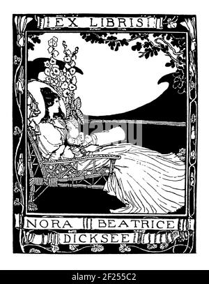 Weibliche Figur bequem saß im Garten mit Bäumen und umrahmt Blumen Bücherregal für Nora Beatrice Dicksee von der britischen Illustratorin entworfen Robert Annin Stockfoto