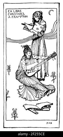 Weibliche Figuren Exlibris entworfen für die Künstlerin Christabel A Frampton (Geb. Cockerell) von dem britischen Illustrator Robert Anning Bell Stockfoto