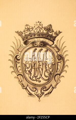 M EIN auf Kupfer graviertes Monogram-Exlibris für Prinzessin Mary Duchess of Teck, gestochen von Charles William Sherborn, dem ‘kleinen viktorianischen Meister’ Stockfoto