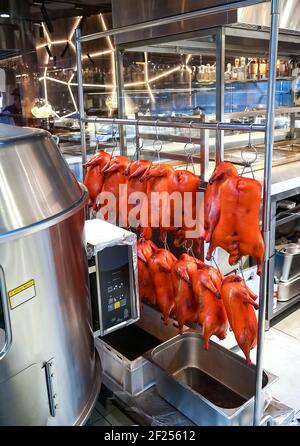 Eingelegte Entenkadaver, die an Haken hängen, für das Braten im Ofen vorbereitet. Pekingente. Chinesische Küche. Stockfoto