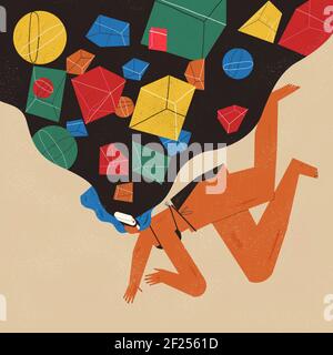 Junge Nutzerin mit einem VR-Headset visualisiert und erlebt eine virtuelle Realität dreidimensionale Umgebung voller geometrischer Formen. Technolog Stockfoto