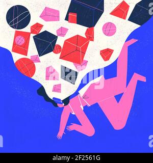 Junge Benutzerin mit einem VR-Headset interagiert und erlebt eine VR Virtual Reality-Umgebung voller geometrischer Formen. Unterhaltung und Technologie Co Stockfoto