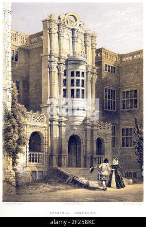 Eine Lithotinte von Bramshill House, Hampshire UK, scannte mit hoher Auflösung aus einem Buch, das 1858 gedruckt wurde. Dieses Bild wird geglaubt, um frei von allen historischen zu sein Stockfoto