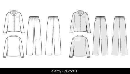Set von Sleepwear Pyjamas Hemd, Hose technische Mode Illustration mit voller Länge, Taschen, Knopfverschluss, lange Ärmel. Flatfront Rückseite, weiß, grau Farbgebung. Frauen, Männer Unisex CAD mockup Stock Vektor