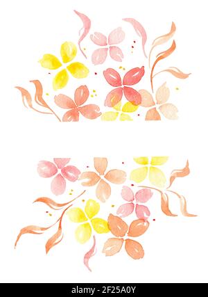 Aquarell einfache Blumen und Blätter in orange und gelb Farben isoliert auf weißem Hintergrund. Speicherplatz kopieren Stockfoto