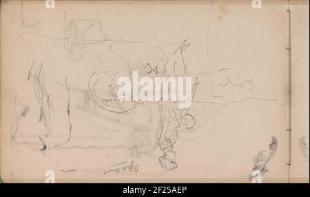 Figuurstudien en paardenstudien.zwei Figuren sind unter einem Sonnenschirm, möglicherweise am Strand. Seite 21 aus einem Skizzenbuch mit 37 Blättern. Stockfoto