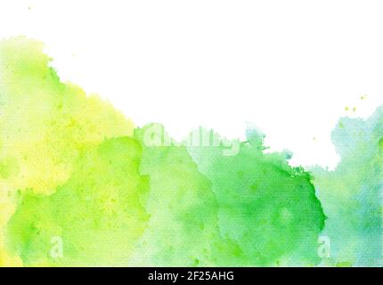 Aquarell-Spritzer in grünen und gelben Farben für den Frühling isoliert auf weißem Hintergrund. Mehrschichtige handgemalte Illustration mit Kopierraum Stockfoto