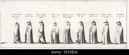 De grafenisstoet van Frederik Hendrik (plaat nr. 24), 1647; De grafenisstoet van stadhouder Frederik Hendrik te 's-Gravenhage 1647.die Trauerprozession des Stadholders Frederik Hendrik in 's-Gravenhage am 10. Mai 1647. Plattennr 24 mit einem Teil der Prozession, über dem Volk sind ihr Name und ihre Funktion. Teil einer Serie von 30 Platten und 20 Textblättern, die zusammen geklebt werden sollen. Stockfoto