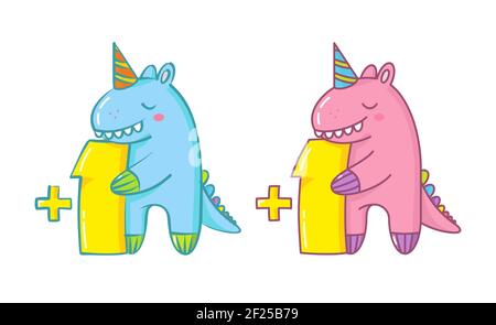 Zwei niedliche Dinosaurier, blau und rosa, umarmt die gelbe Zahl 1 Stock Vektor