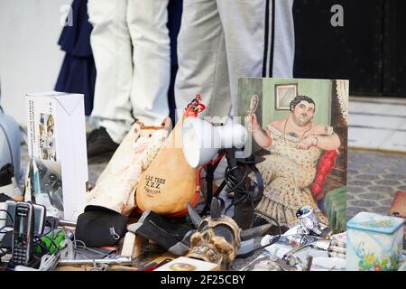 Detailaufnahme von Artikeln auf dem ältesten Markt von Sevilla, Mercadillo de los Jueves, Donnerstagsmarkt, , Sevilla, Andalusien, Spanien Stockfoto