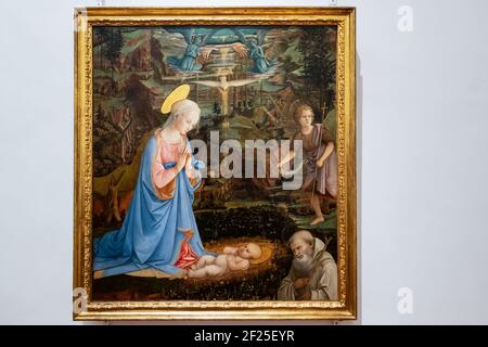 FLORENZ, TOSKANA/ITALIEN - OKTOBER 19 : Anbetung des Christuskindes mit dem jungen Johannes dem Täufer Gemälde in den Uffizien Stockfoto