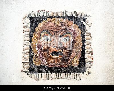 Bodenmosaik mit Kassettenmasken aus einer römischen Villa in der Gegend von ​​Villa Riffinella Ende des 1st. Jahrhunderts v. Chr. - Nationales Römisches Museum im Palazzo Massimo alle Terme - Rom, Italien Stockfoto