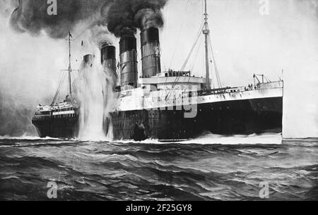 Lusitania. Illustration mit dem Titel 'RMS Lusitania, Hit by Torpedos off Kinsale Head, Ireland', Zeichnung, angefertigt für den New York Herald und die Londoner Sphäre, 1915 Stockfoto