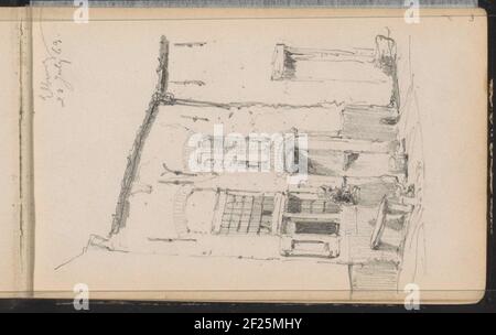 Gezicht op een huis in Elburg.Blick auf ein Haus mit Wandankern in Elburg. Eine Frau steht vor dem Haus. Blatt 3 aus einem Skizzenbuch mit 55 Blättern, hergestellt auf der Veluwe und in Norddeutschland. Stockfoto